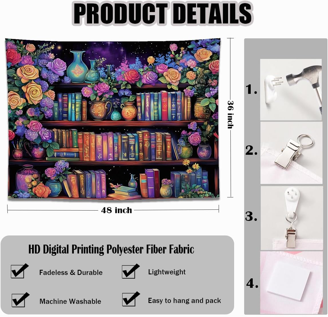 keowhsf Pink Purple Flower Bookshelf Wall Tapestry Colorful Tapestries for Bedroom Aesthetic Floral Tapestry Wall Hanging Cute Girl Bedroom Decor