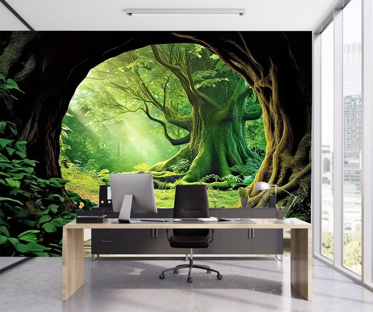 FENDROM Tree Cave Tapestry,Misty Forest Fairy Tale Wall Hanging Natural Jungle Sunshine Through Scenery Aesthetic tapestries for Living Room Bedroom Office Spring Decoration