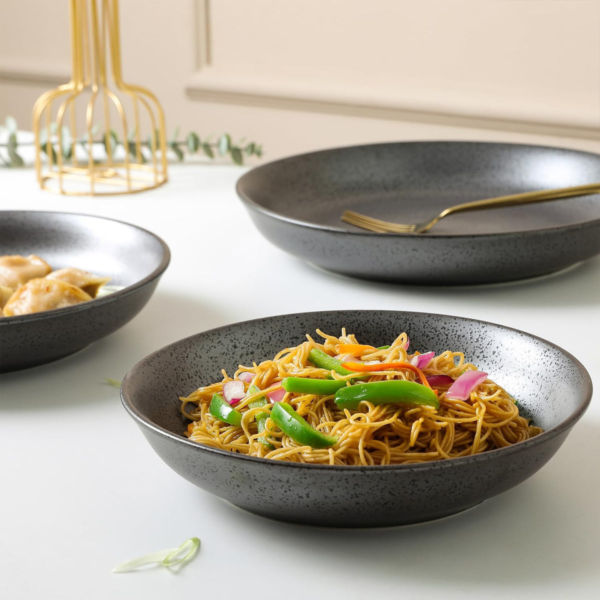 Stone lain Valencia Porcelain 3-Piece Round Bowl Serving Set, Metallic Grey