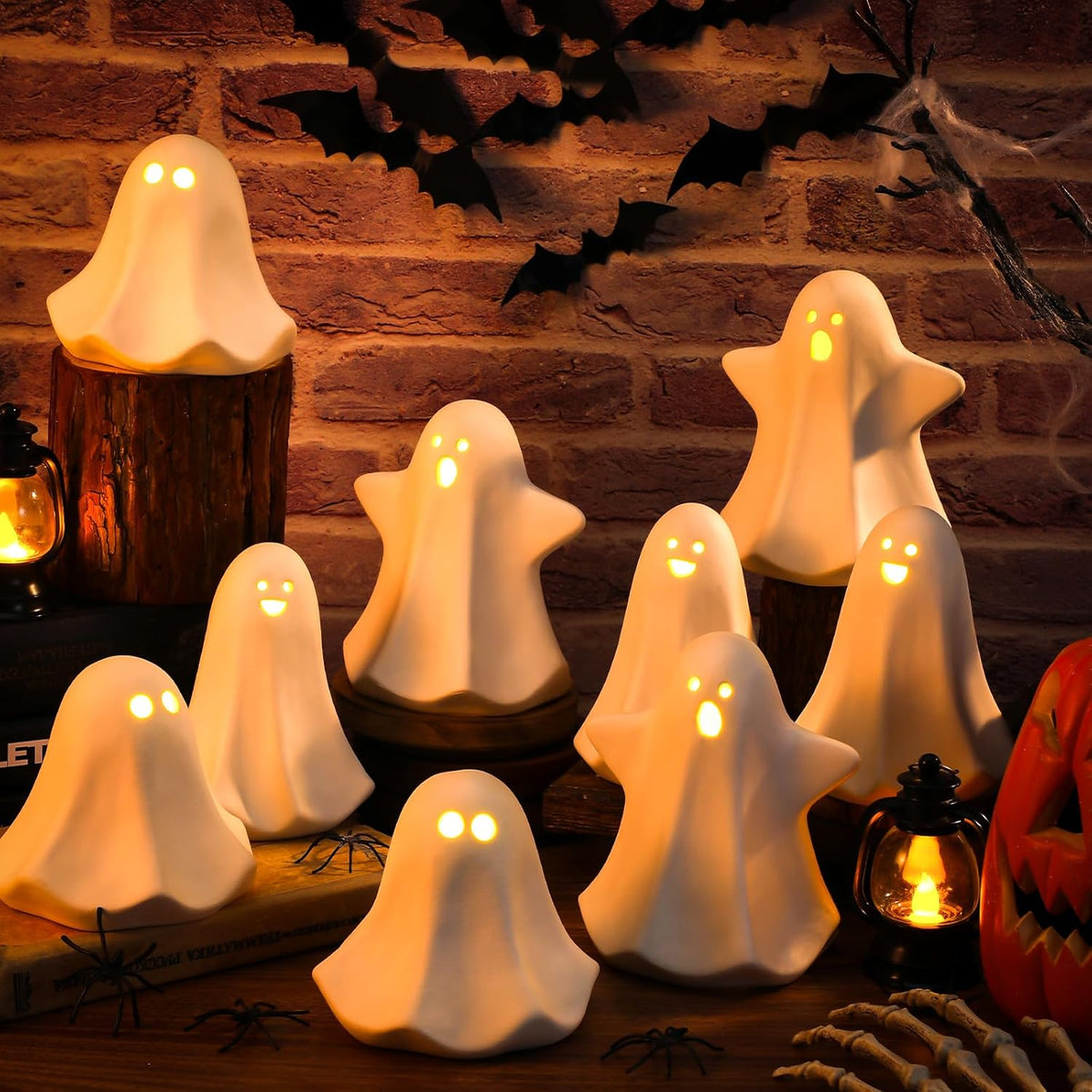 Domensi 9 Pcs Halloween Ceramic Ghost Figurines with LED Lights, Large 5.12 White Spooky Ghost Sculpture Statue Cute Halloween Miniatures for Gifts Centerpiece Table Mantel Collections Decorations