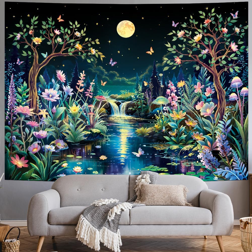 Serborlur Blacklight Fantasy Forest Tree Tapestry UV Reactive Floral Plant Tapestries Trippy Moon Butterfly Wall Art Decor Nature Landscape Wall Hanging for Bedroom