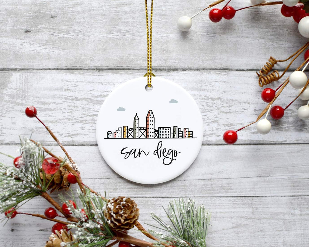 Andaz Press Round Ceramic Porcelain Christmas Tree Ornament Keepsake, San Diego Colorful City Skyline Graphic, 1-Pack, Birthday Gift Ideas Family Coworker Him Her, Includes Gift Box