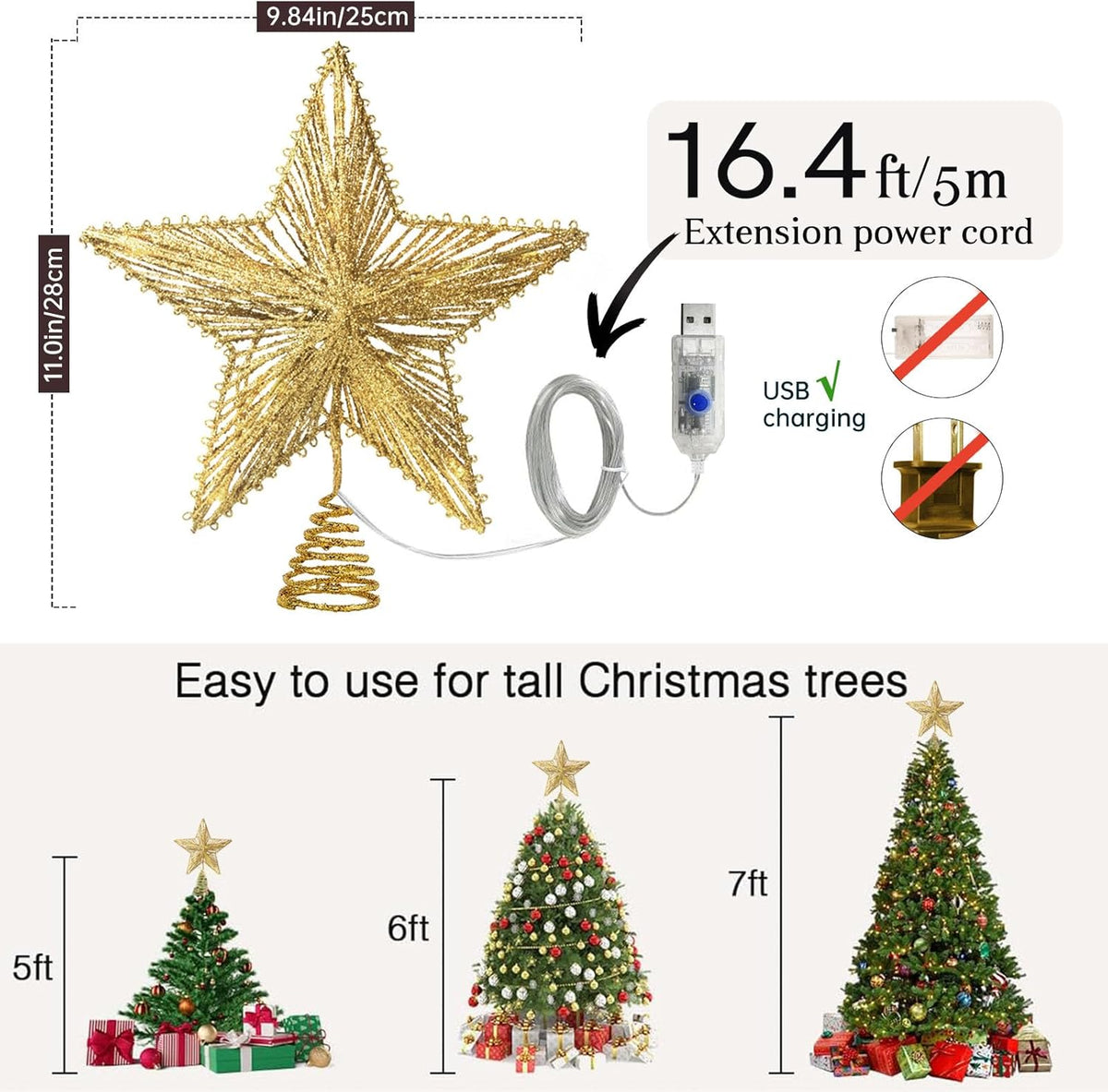 Christmas Tree Topper Star Gold, Christmas Tree Toppers with 50 Warm White LED Lights, Tradition Tree Topper Star for Home Holiday Xmas Tree Christmas Decor, Glitter Gold