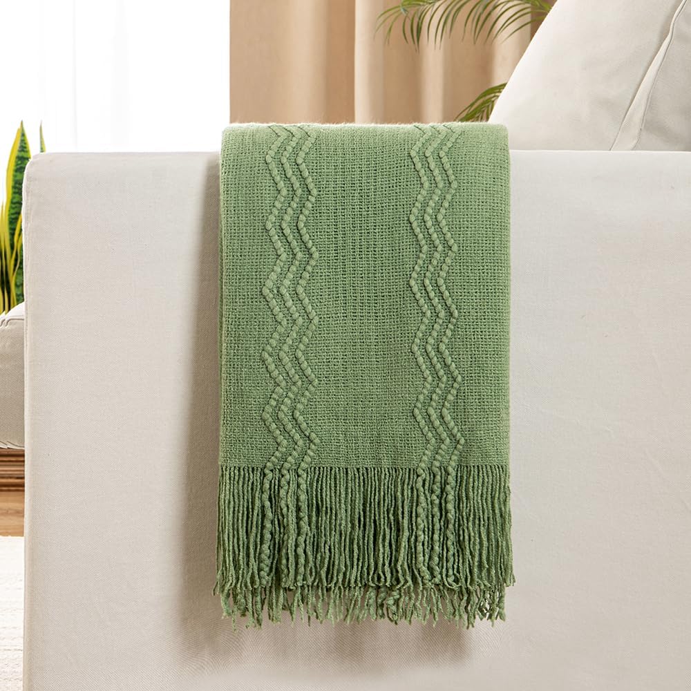 MIULEE Sage Green Knitted Throw Blanket for Couch Textured Spring Knit Blanket with Tassels Cozy Woven Boho Bed Blanket for Sofa Bed Chair Acrylic Wave Pattern 50"x60"