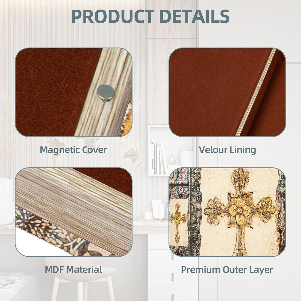 Vintage Style Wooden Decorative Book Box - Faux Leather, Christian Cross Pattern, Gift Idea