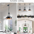 WUZUPS Chandelier Rustic Farmhouse Industrial Round Ceiling Pendant LED Light Fixture with Amber Gradient Black Glass Shades for Dining Room Kitchen Island Foyer Entryway, H 17" x W 13.4", E26 Base