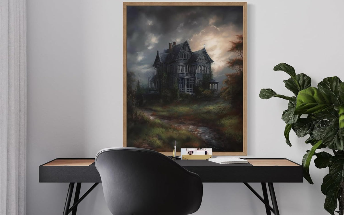 Haunted House Poster Art Print, Halloween Scary Vintage Wall Art Academia Spooky Painting Decoration for Horror Prints, Gothic Posters Bedroom Decor 89 (Haunted House, 16 x 20 inches, Wood Frame)
