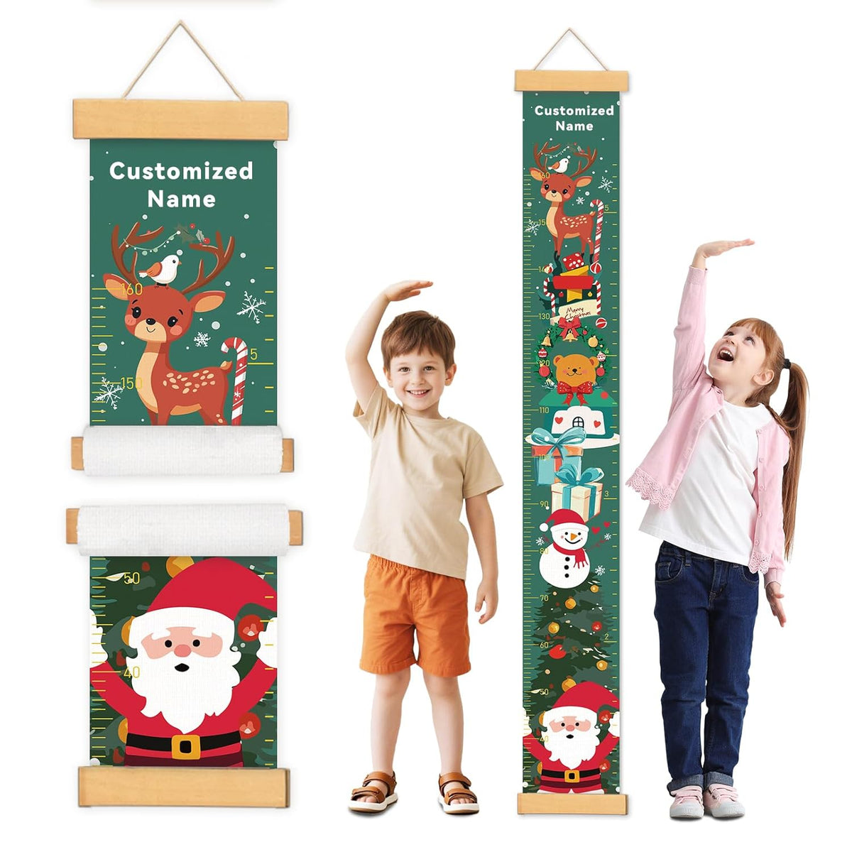 Personalized Name Growth Chart Wall Decor for Kids – Canvas Removable Height Chart Measuring Ruler 59" x 7.9" （Christmas Deer）