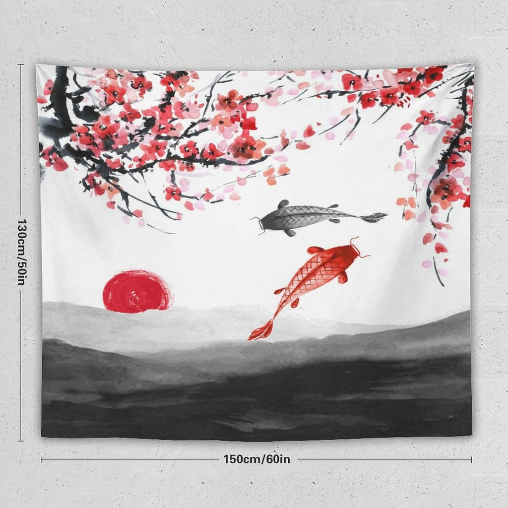 Houselerax Japanese Koi Fish Tapestries, Cherry Blossoms Asian Oriental Flower Branch Koi Fish Carp Tapestry Wall Hanging for Bedroom Living Room Office Decor 60"x50"