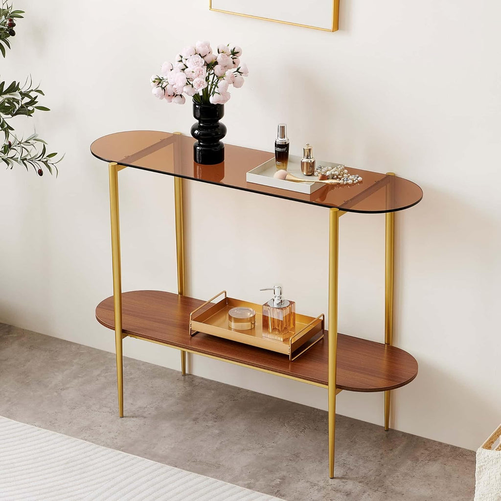 Oval Glass Console Table for Living Room, Foyer & Entrance, 2-Tiers Mid-Century Modern Sofa Table with Amber Glass Top, Walnut Finish Wood Top and Gold Finish Metal Frame