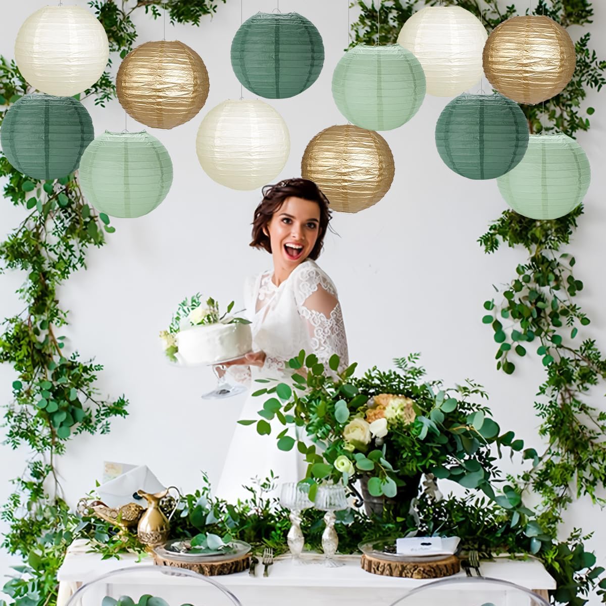 Paper Lanterns Sage Green Gold Round Hanging Chinese Lanterns for Birthday Party Baby Shower Bridal Shower Decorations Pack of 12