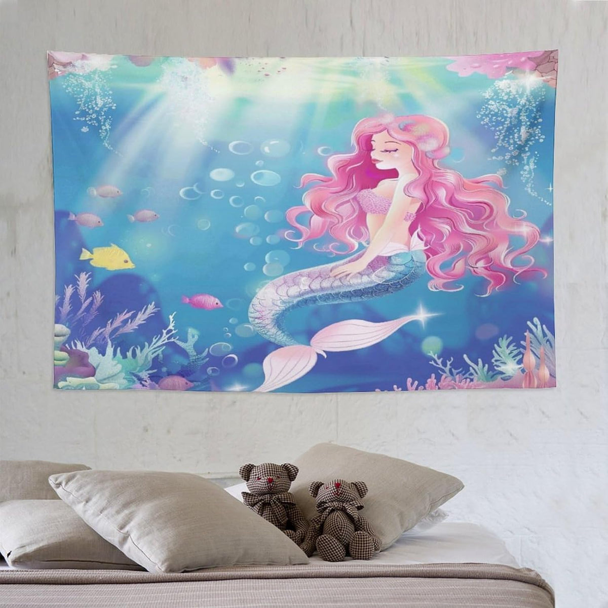 HZOHNAGO Mermaid Girls Tapestry Watercolor Mermaid Princess Pink Hair Pattern for Kids Room Decoration Printed Wall Tapestry Wall Hanging for Bedroom Living Room Dorm 90" W x 60" H