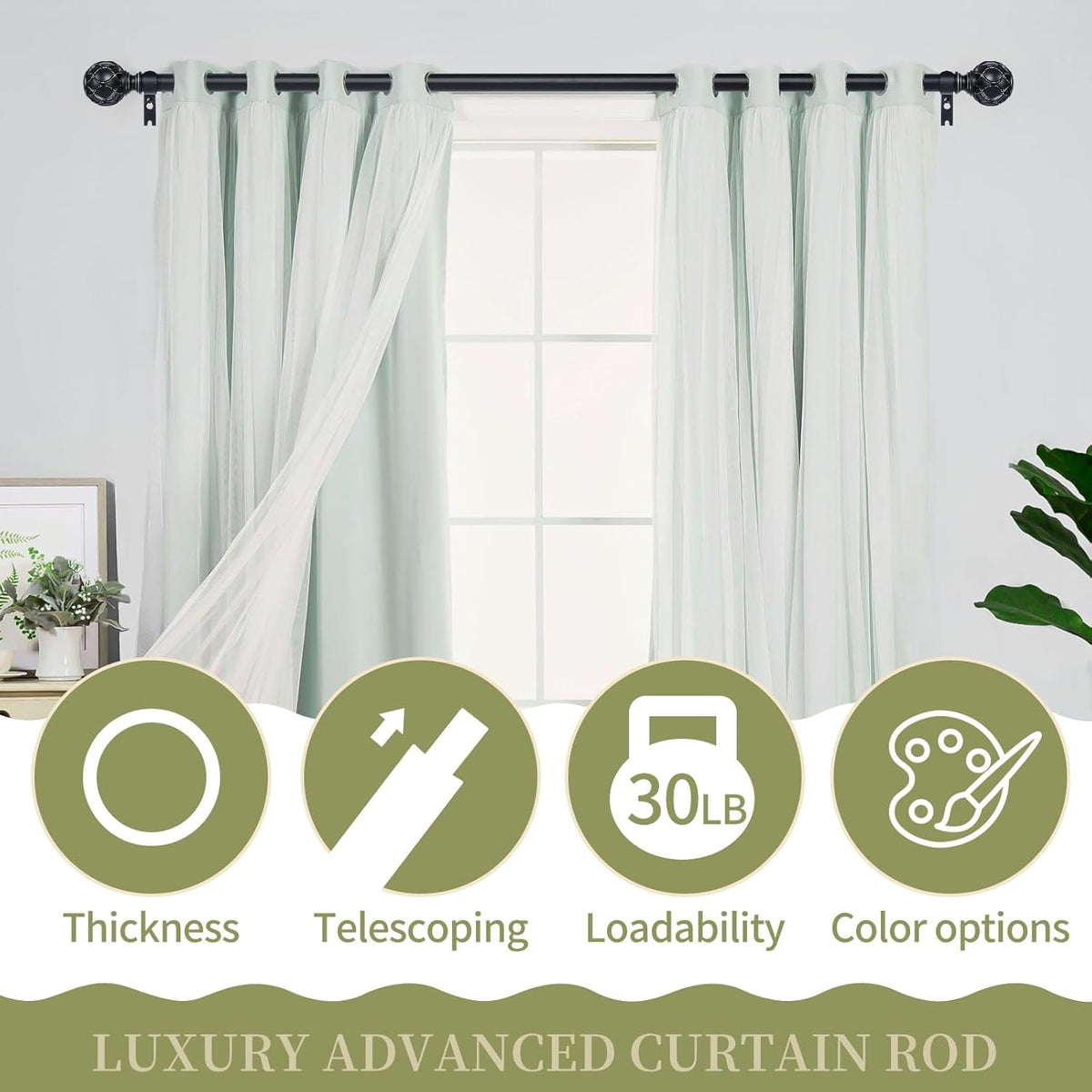 Black Adjustable Curtain Rods for Windows:Farmhouse Heavy Duty Curtain Rod for Bedroom Living Room,Boho Decorative Rustic Drapery Rods with Vintage Coastal Finials,Matte Black 2 Pack 36-88"