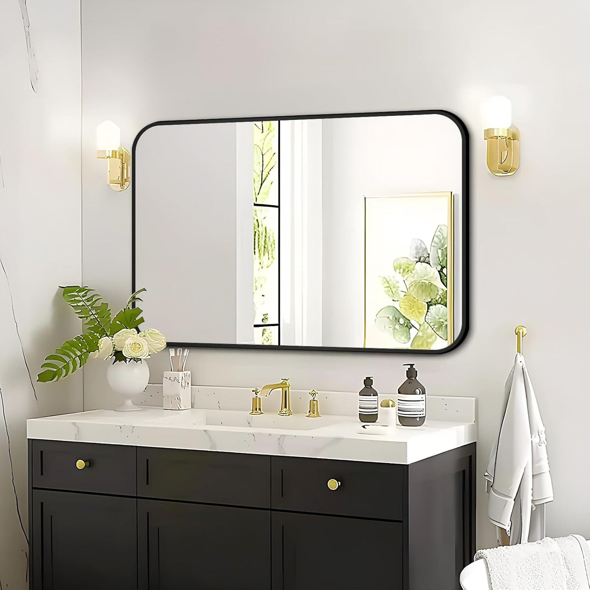 Fabuday Black Bathroom Mirror for Over Sink Wall - 24x36 Rectangle Mirror with Matte Metal Frame, Big Rounded Rectangular Vanity Mirrors for Bedroom, Living Room, Entryway, Horizontally/Vertically