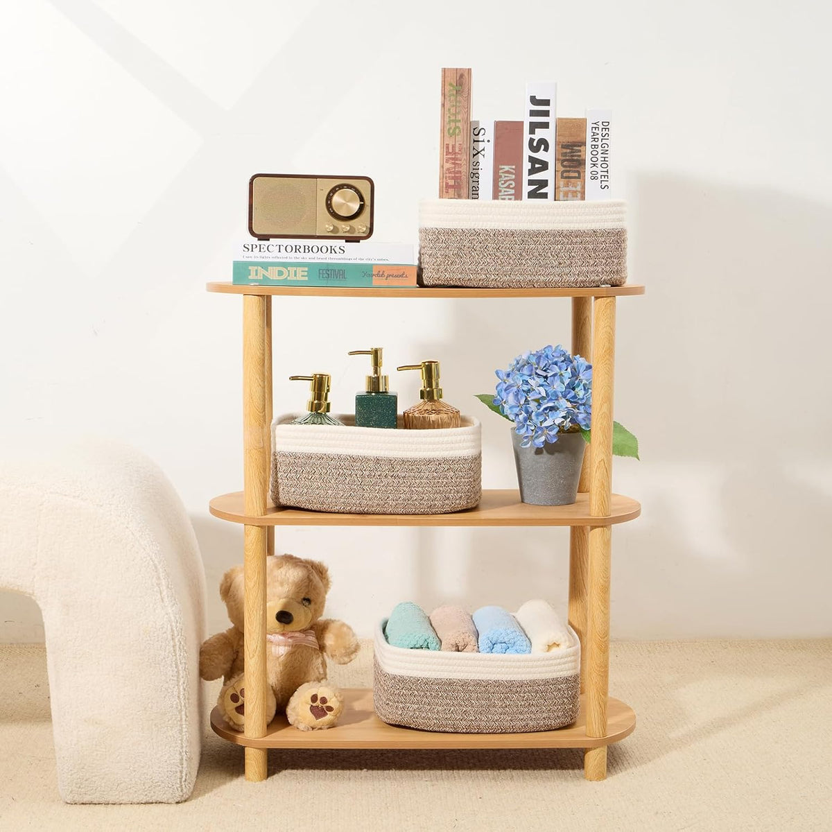 Small Storage Baskets for Organizing | Closet Organizer Bins | Shelf Toy Basket | Woven Rope Baskets | Cube Decorative Box | Shallow Basket | 11.5x7.5x4.7” | 4 Packs White Brown