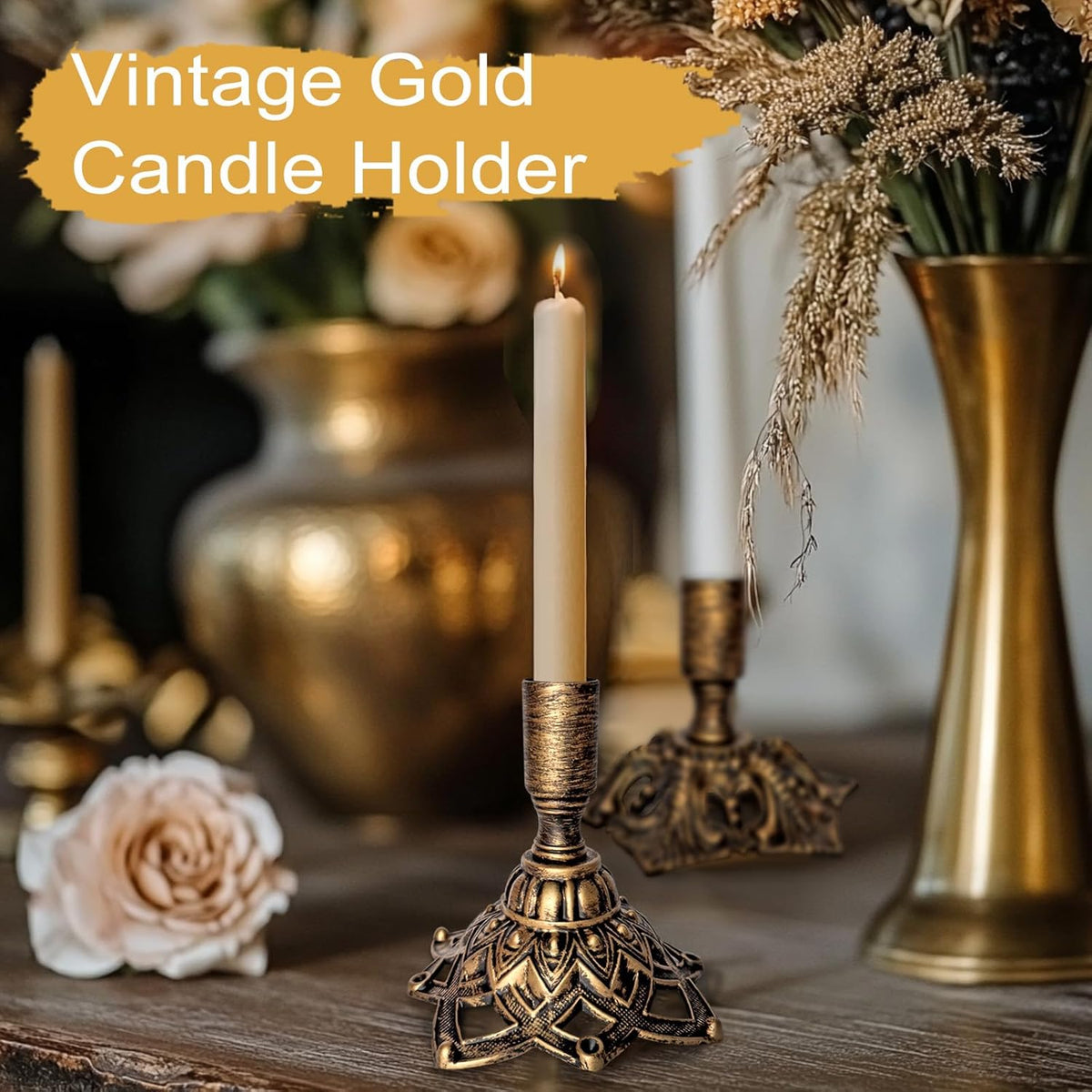 Candlestick Holders,Taper Candle Holder for Candlesticks Gold Brass Vintage Candle Metal Stick Candle Holders for Fireplace, Party, Dining,Wedding Decor,Fits 3/4 inch Thick Candle(Set of 6Pcs)