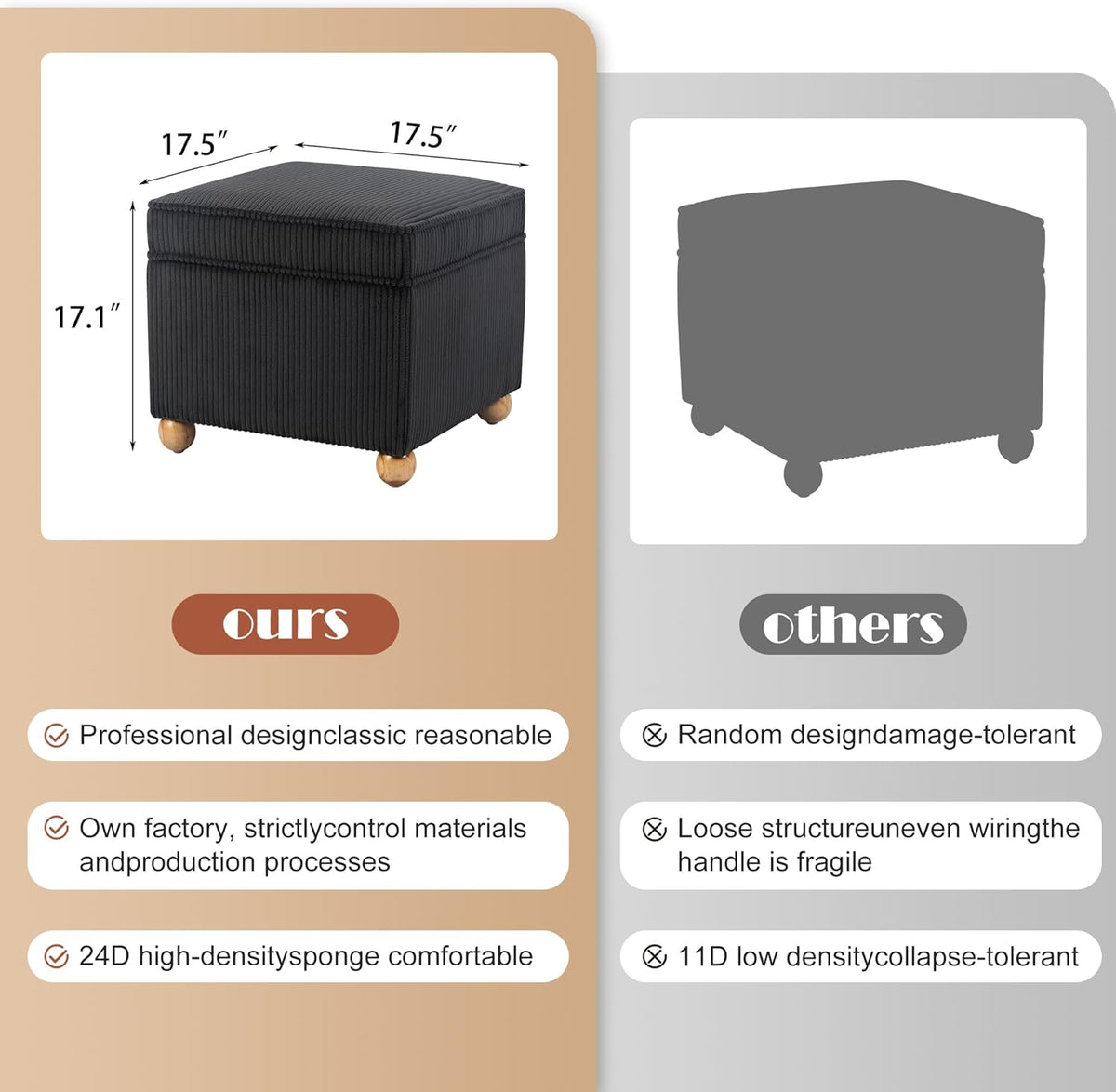 Adeco 17 Inch High Striped Flannel Black Cube Ottoman Storage, 3D Embossed Velvet Chair Foot Stools, Upholstered Vanity Stool with Hinged Lid, Solid Round Wood Legs