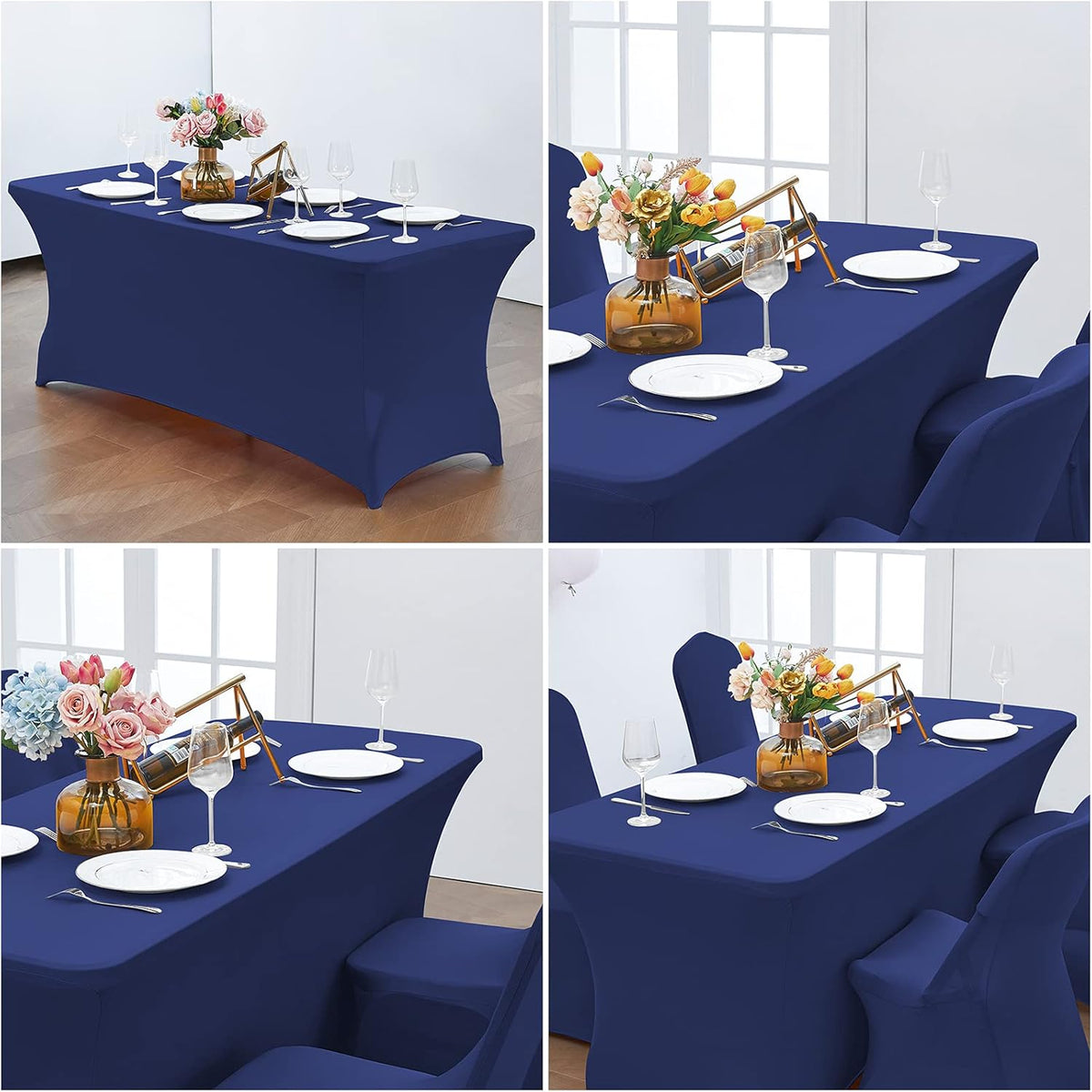 CWK 4FT Waterproof Stretch Spandex Table Cover for Rectangular Tables - Elastic Fitted Tablecloth for Folding Tables,Wrinkle Resistant Table Cloth for Parties, Weddings, Banquets & Events (Blue)