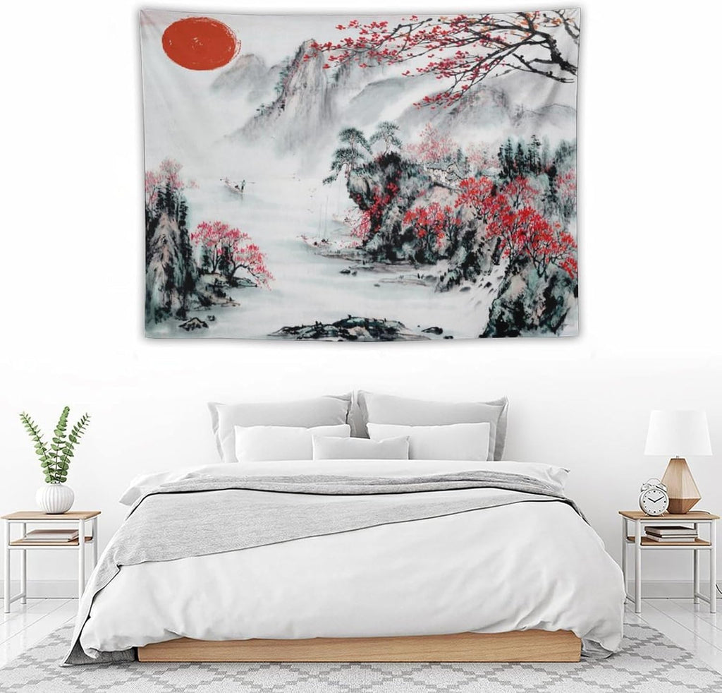 Cherry Blossoms Tapestry, Japanese Red Landscape Asian Watercolor Abstract Art, Bedroom Living Room Decor 40"x30"