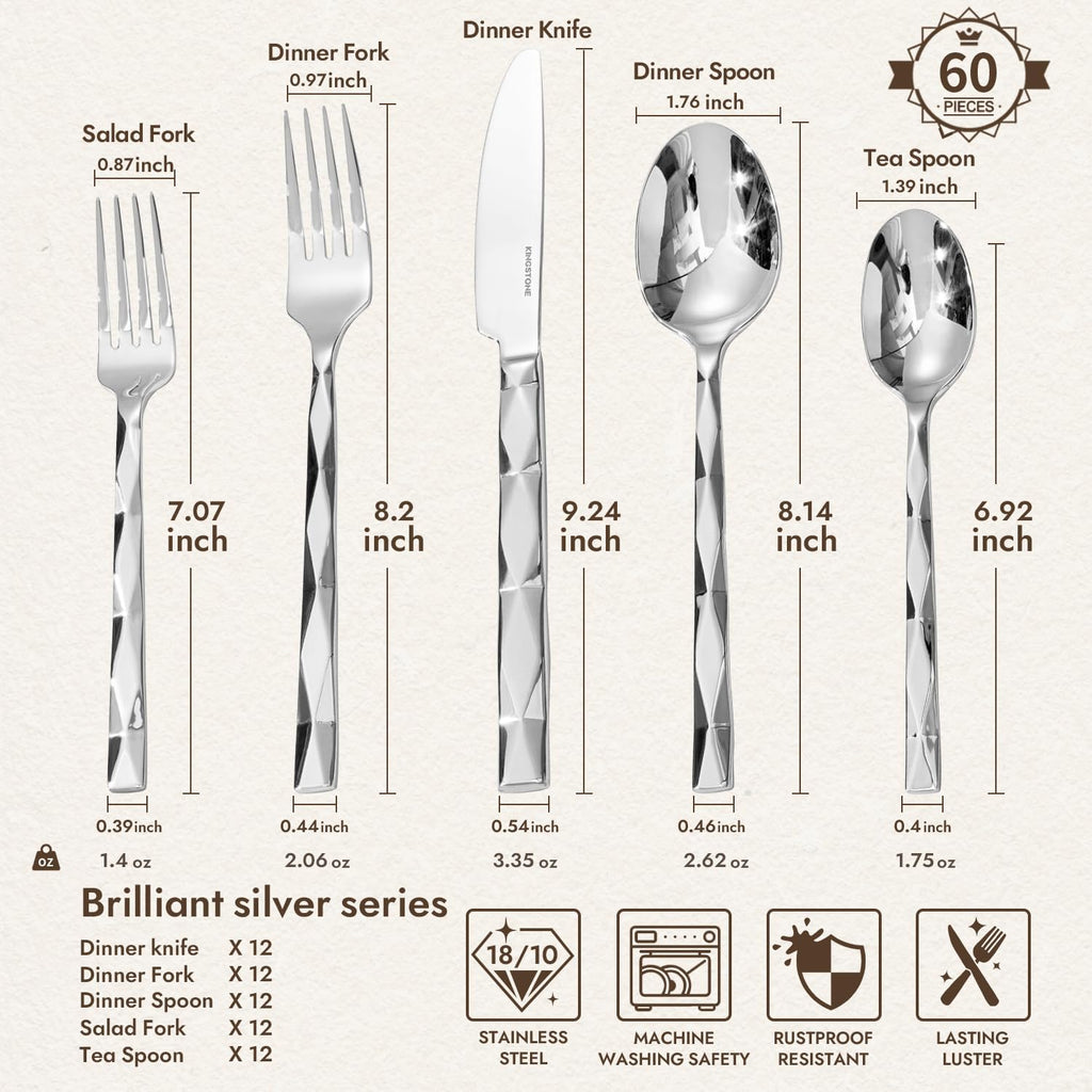 KINGSTONE Silverware Set, Luxury 60 Piece Flatware Set for 12, 18/10 Stainless Steel Cutlery Set with Diamond Cut Pattern for Kitchen, Home, Wedding, Party, Mirror Polished and Dishwasher Safe