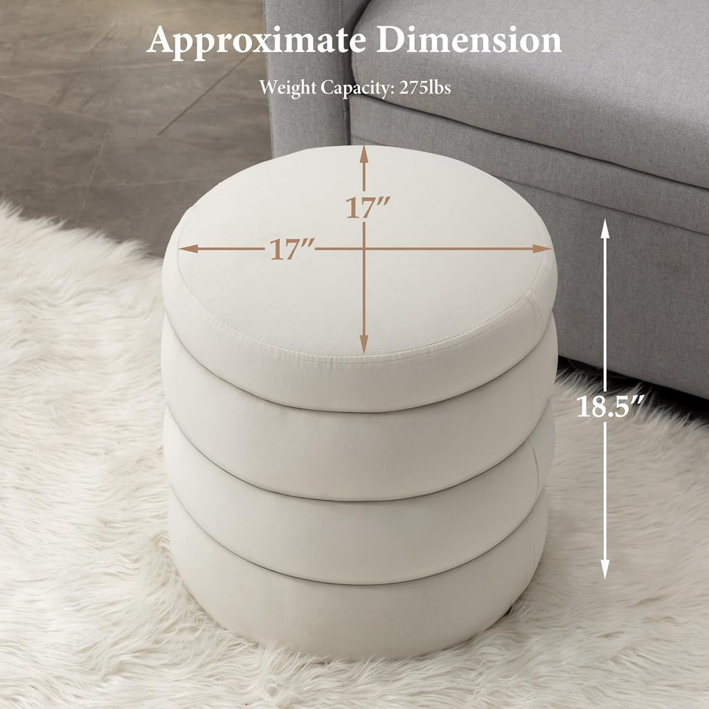 Furniliving Modern Round Ottoman, Soft Bedroom Ottoman Footstool Round Ottomans Stool for Living Room, Bedroom, Makeup Room, White, Velvet