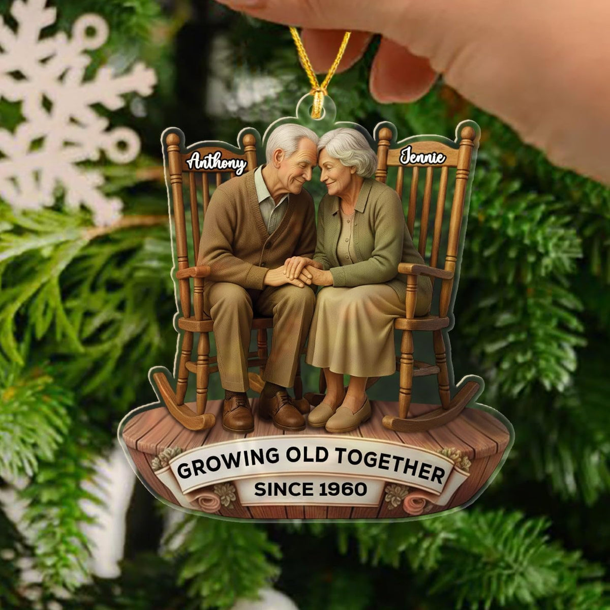 Old Couple Sitting On Rocking Chairs Growing Old Together Christmas Ornament 2025, Personalized Anniversary Shaped Ornament for Mr Mrs Husband Wife Dad Mom Grandpa Grandma, Custom Text Name Ornaments