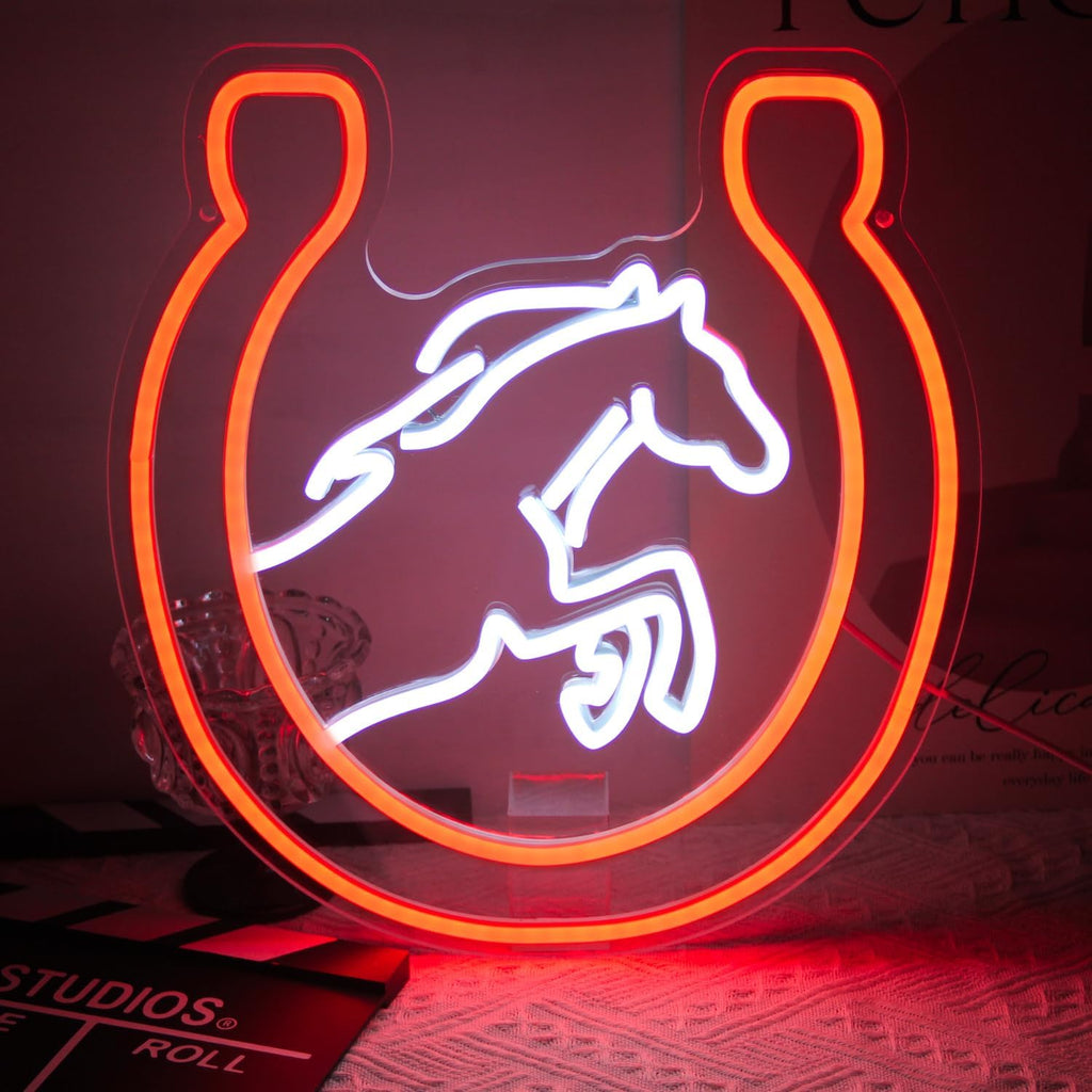 Horse Neon Sign for Wall Kentucky Derby Preakness Stakes Decoration Horseshoe Neon Light Cool Animal LED Sign for Bedroom Bar Man Cave Horse Racing Party Decor Western Cowboy Men Gifts