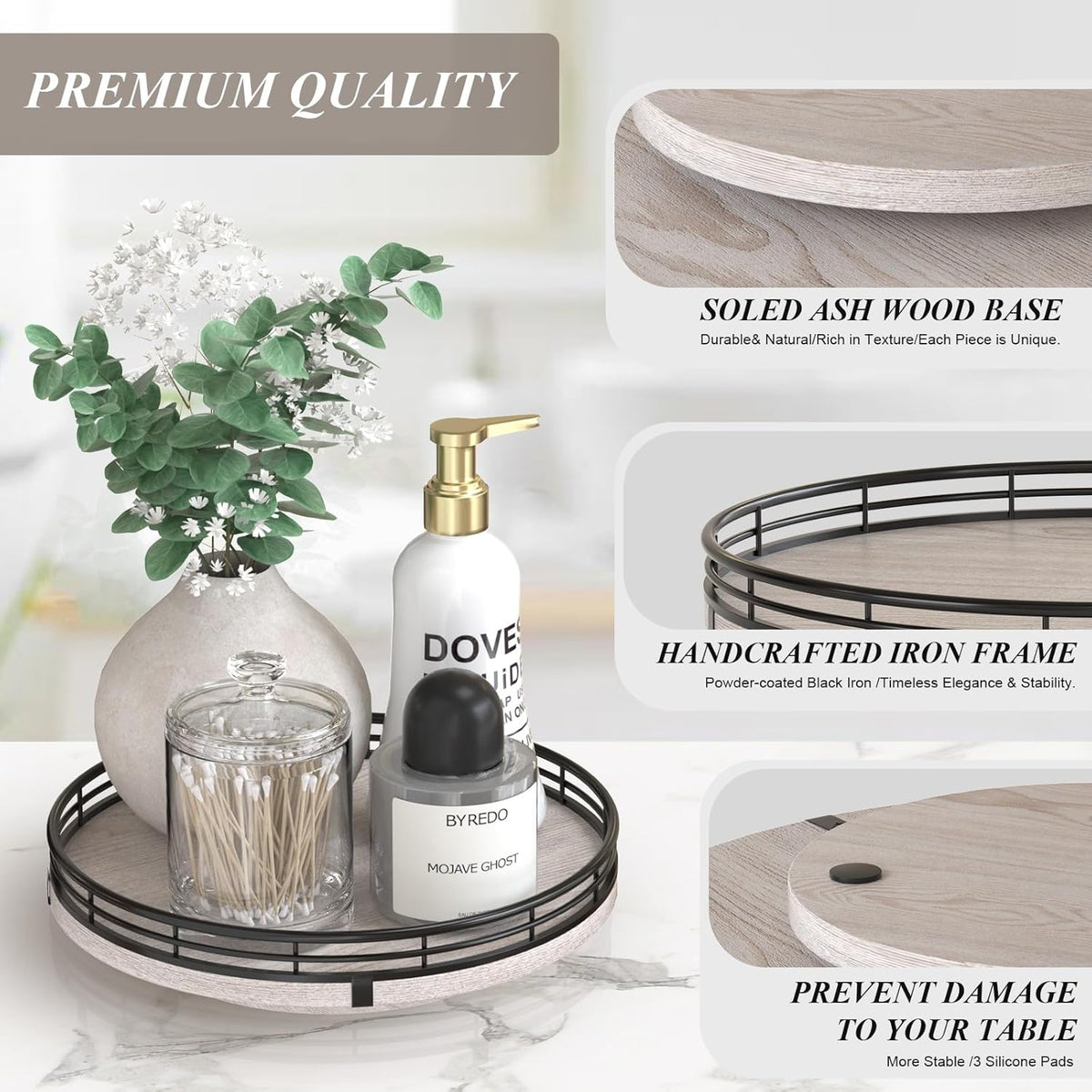 9" Wooden Lazy Susan Organizer for Cabinet, Turntable Round Decorative Tray for Kitchen Sink, Countertop Organizer, Bathroom Counter Organizer for Skincare Makeup, Rustic White