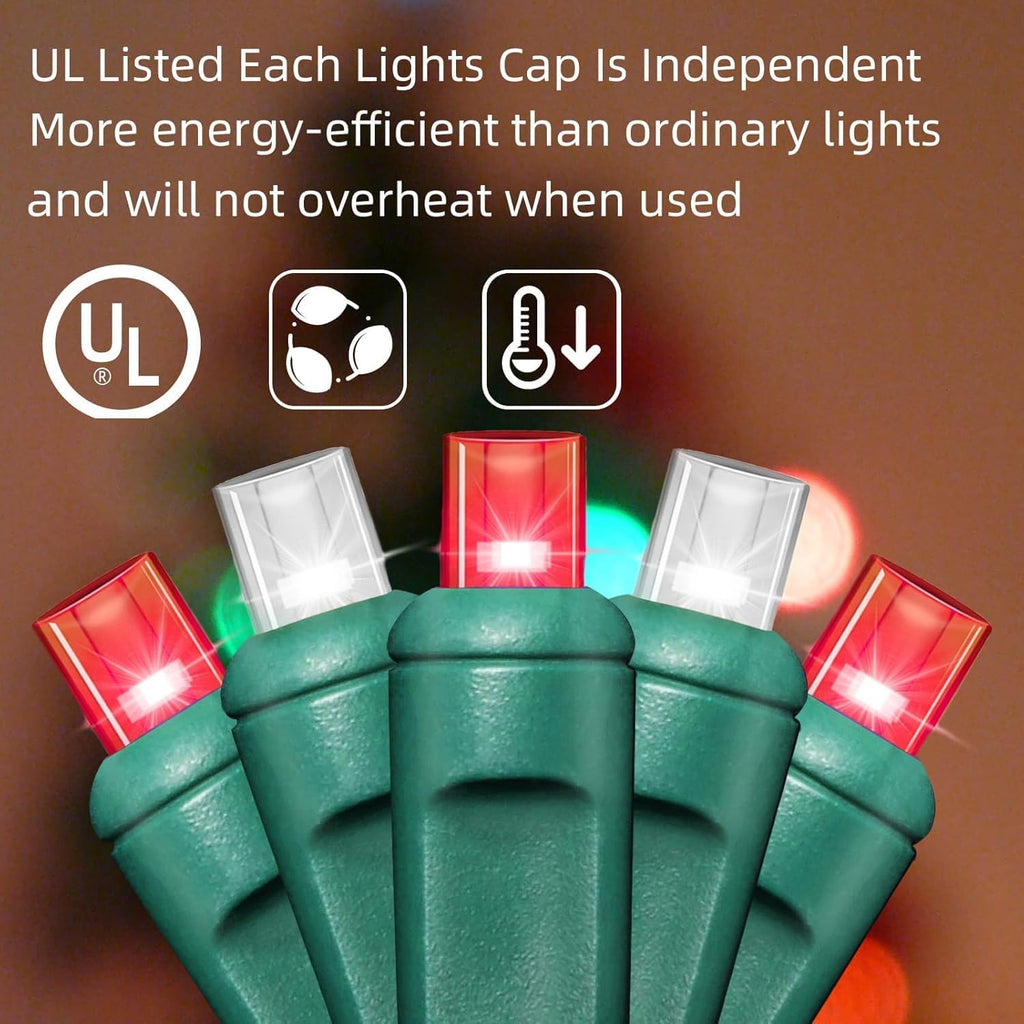 50L String Lights, LED Christmas Lights, 6" SPACING,Green Wire, Red and White