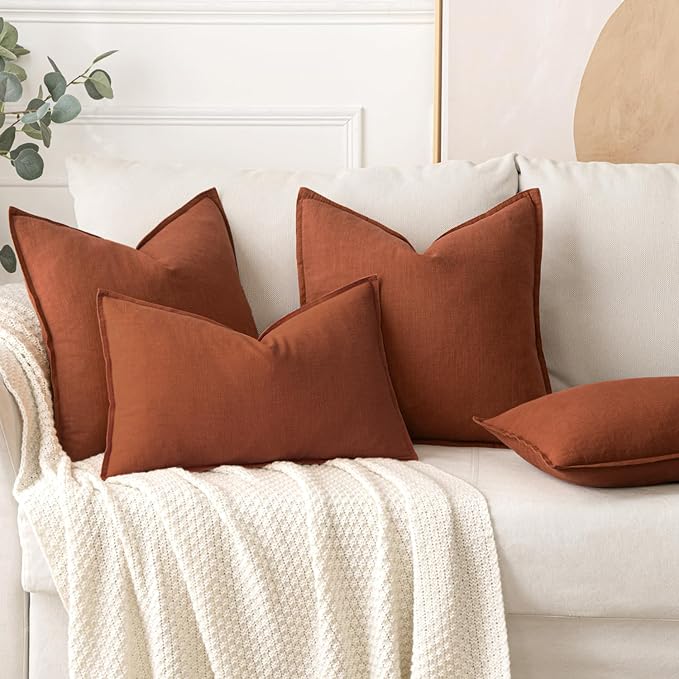 MIULEE Decorative Linen Pillow Covers 20x20 Inch Rust | Boho Farmhouse​ ​Fall - Image 4