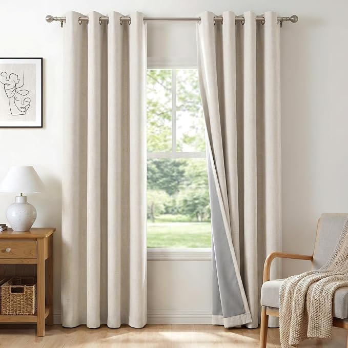 100% Blackout Linen Textured Curtains 80 Inch Long, Light Blocking, Thermal by 100BlackoutShield