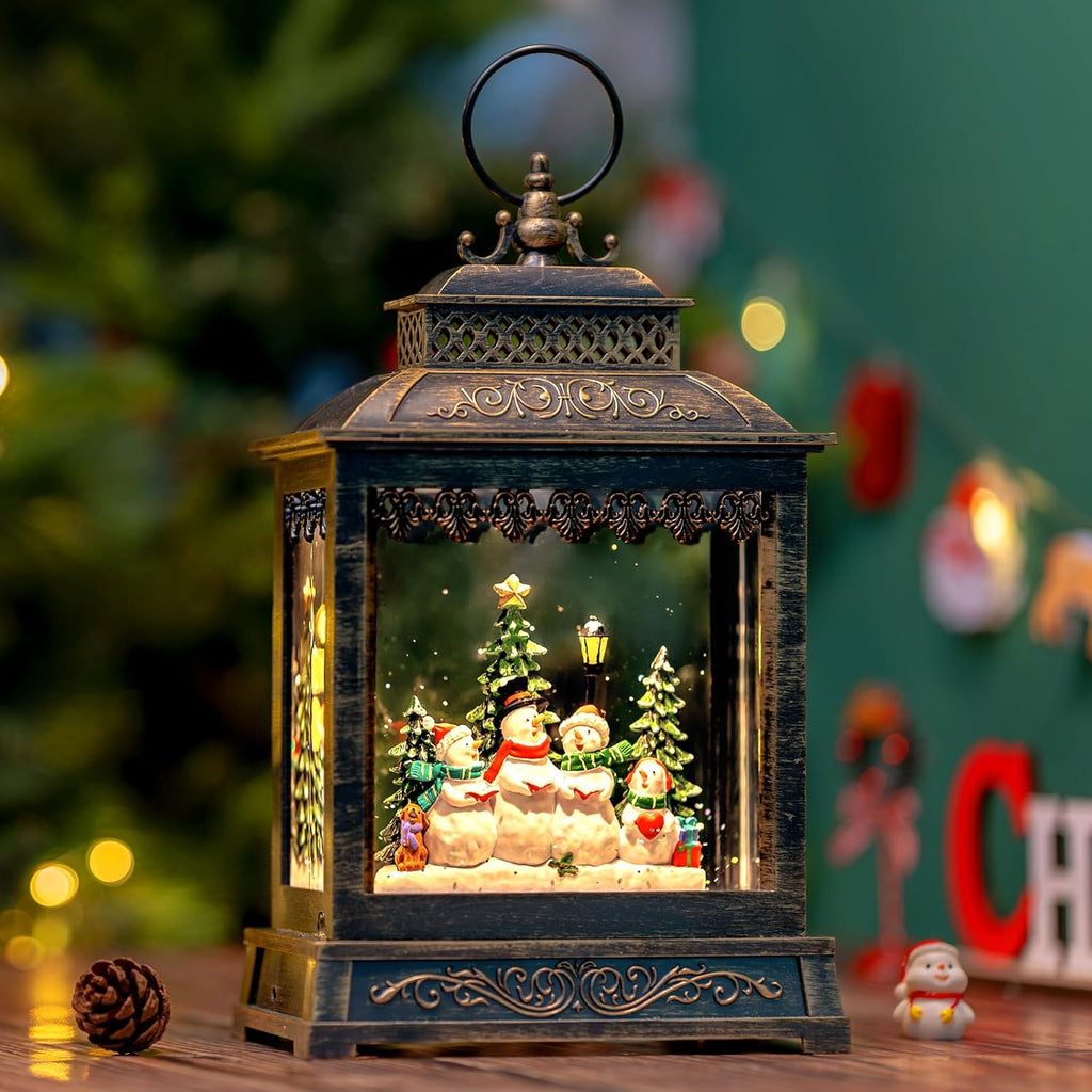 Christmas Snow Globes Lantern Christmas Snow Globe with Music Snowman Poetry,6H Timer,USB Lined/Battery Operated Lighted Lantern for Christmas Festival Decoration Gifts