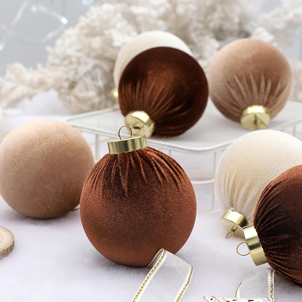 12Pcs Velvet Christmas Ornaments Balls,Brown Christmas Tree Decoration Shatterproof Ball with Hanging for Party Decor Multicolor Brown Beige 80mm/3.15in