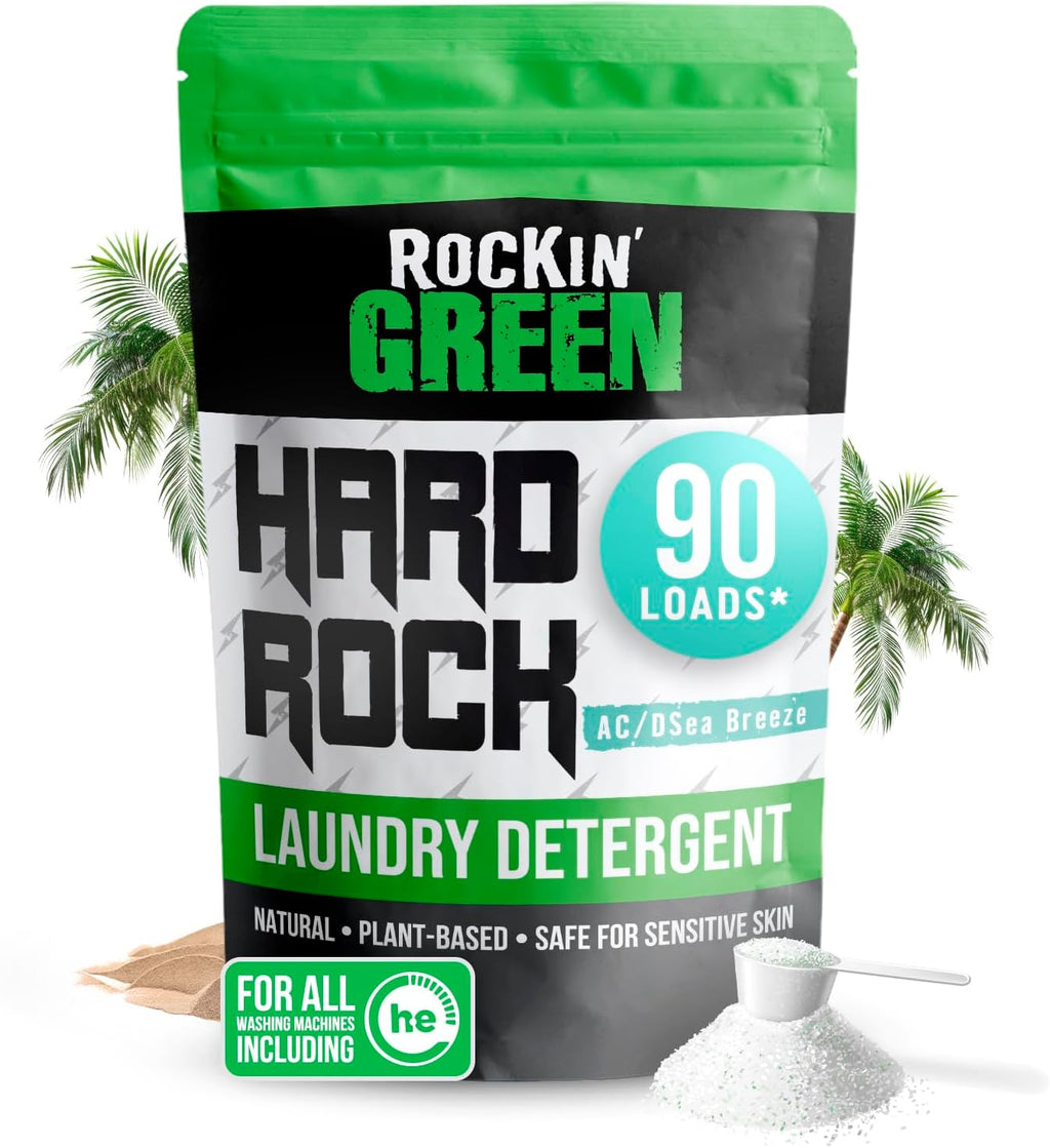 Rockin' Green Hard Rock Powder Laundry Detergent (90 Loads) - Natural Powdered Laundry Detergent, Sensitive Skin Laundry Powder (AC/DSea Breeze)