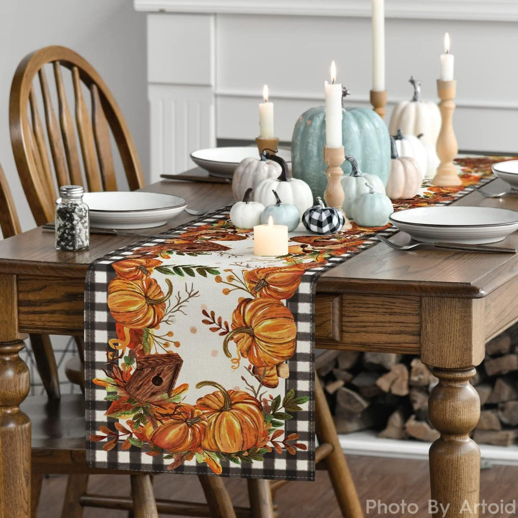 Artoid Mode Buffalo Plaid Pumpkins Mushrooms Birdhouse Leaves Table Runner, Seasonal Fall Harvest Vintage Kitchen Dining Table Decoration for Indoor Outdoor Home Party Decor 13 x 36 Inch
