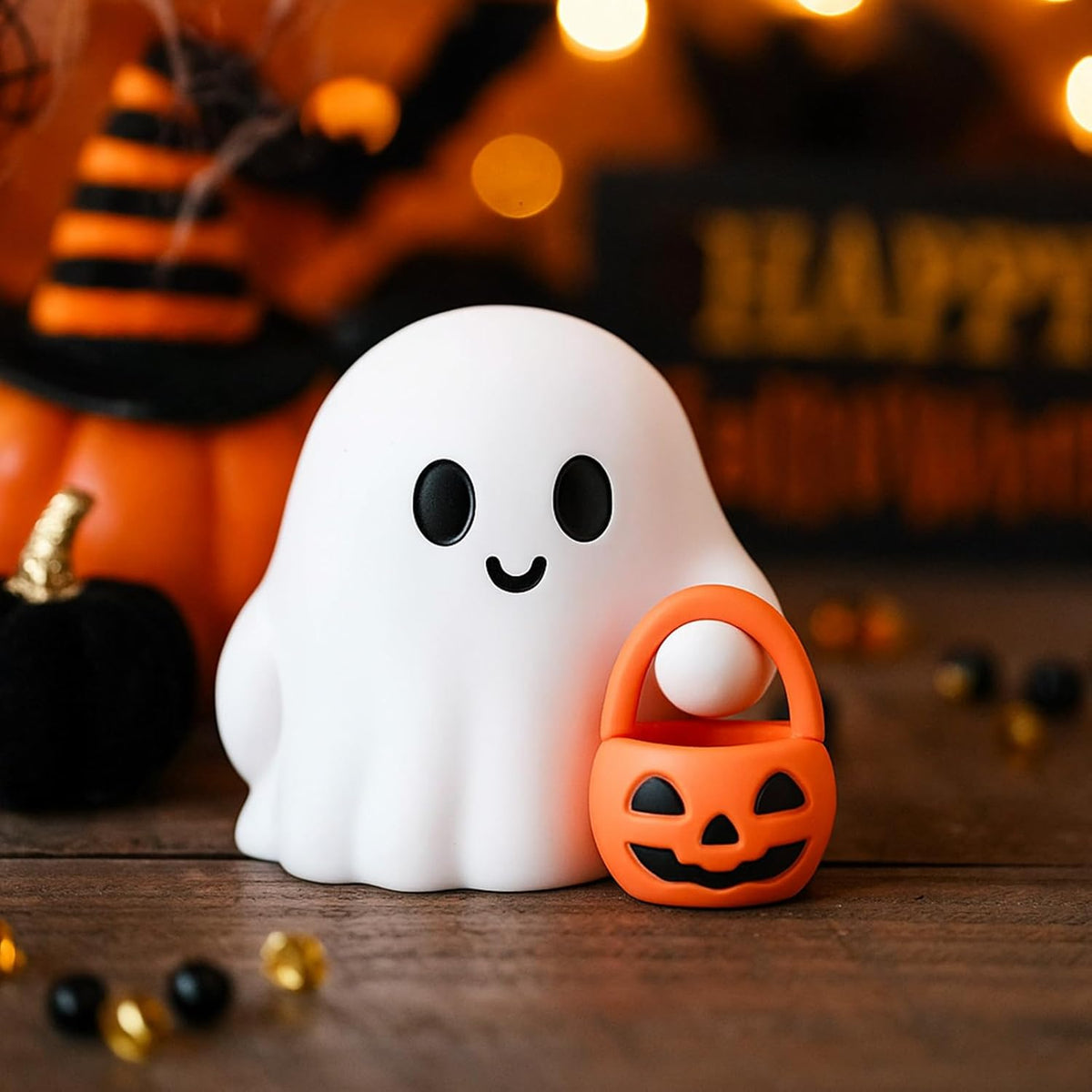 3 Pcs Halloween Ghost Figurine Ghost Resin Halloween Statue Cute Spooky Carrying Pumpkin Basket Designs Spooky Desk Display Ornament for Home and Office Tabletop Art Decoration