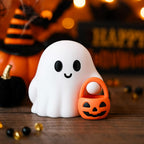 Halloween Ghost Figurine Cartoon Cute Spooky Carrying Pumpkin Basket Desk Display Ornament Tiny Trick or Treat Ghost Resin Halloween Statue for Home and Office Tabletop Decor Supplies