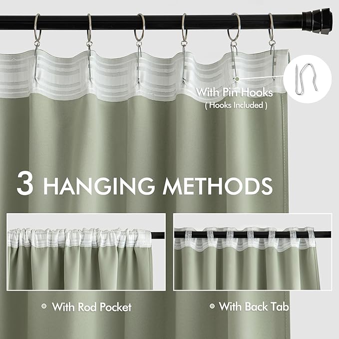 MIULEE Sage Green Back Tab Blackout Curtains 52x84 Inch Length 2 Panels Set | - Image 3