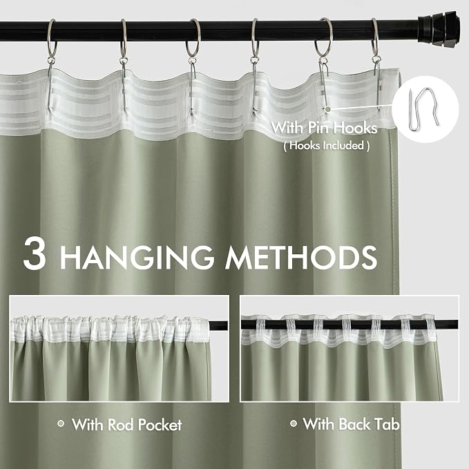 MIULEE Sage Green Back Tab Blackout Curtains 52x63 Inches Long 2 Panels Set | - Image 3