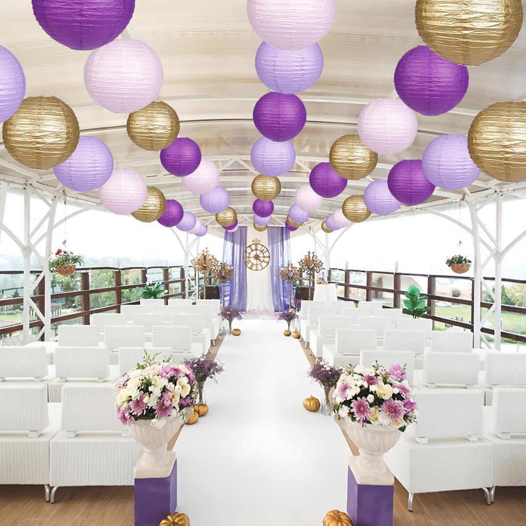 Paper Lanterns Purple Gold Round Hanging Chinese Lanterns for Birthday Baby Shower Bachelorette Party Decorations Pack of 12