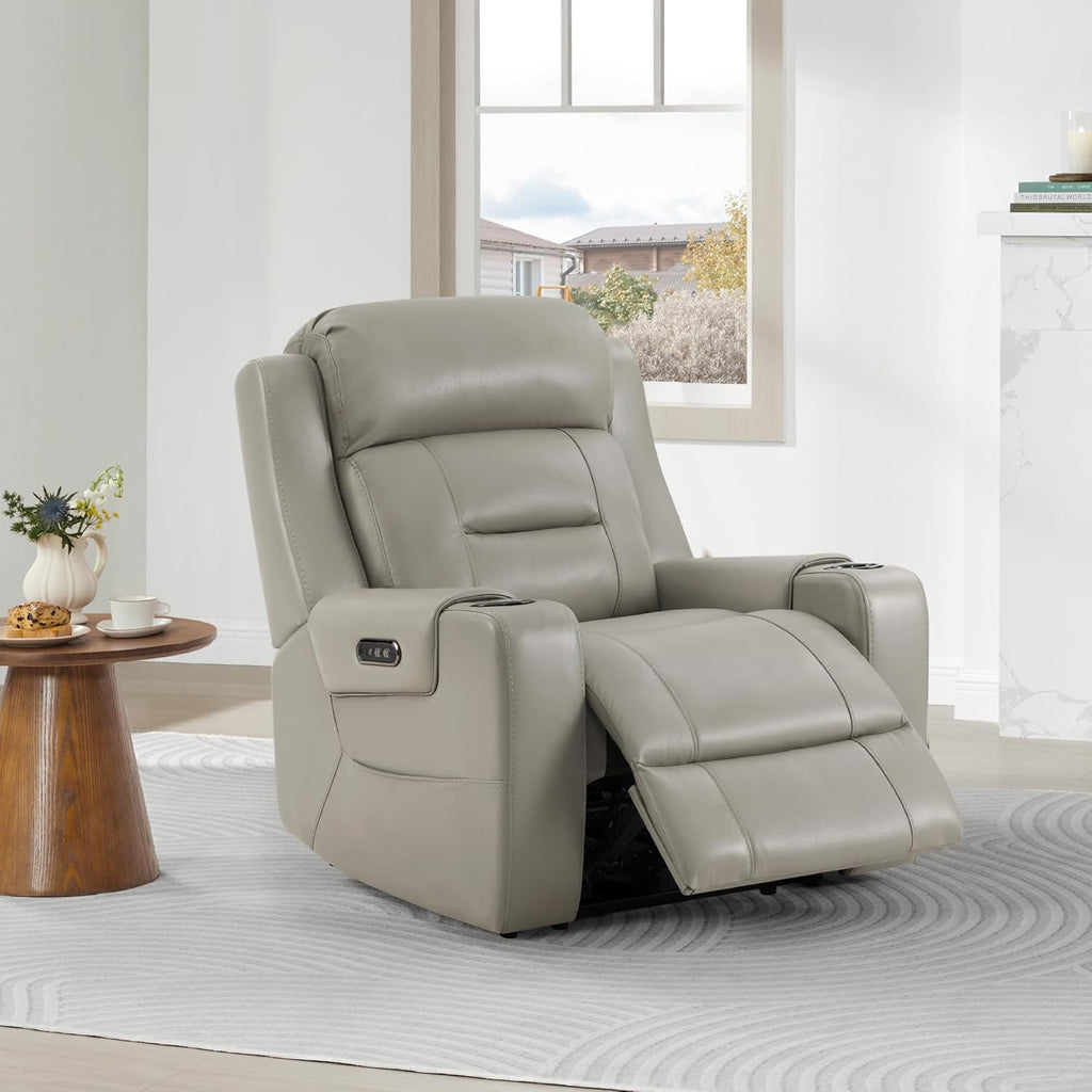 Watson & Whitely Genuine Leather Power Recliner Chairs for Adults, Lay Flat Recliner with Power Headrest, USB Ports and Cup Holders, Electric Reclining Sofa for Living Room, Bedroom, Grey