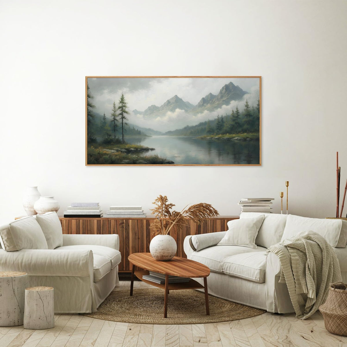 SIGNINART Large Misty Mountain Framed Canvas Wall Art, Green Forest River Scenery Wall Decor, Modern Foggy Wooden Landscape Artwork, Oil Style Nature Art Print for Living Room Bedroom Office 20"x40"