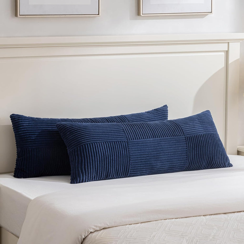 Fancy Homi Set of 2 Navy Blue Boho Long Lumbar Body Decorative Throw Pillow Cover 14x36 Inch for Bed Couch Bedroom Bench, Soft Patchwork Corduroy Textured Pillow Case, Rustic Farmhouse Room Décor