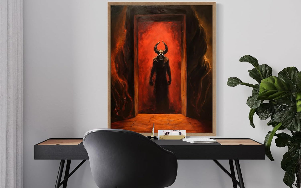 Satan and Hell Poster Art Print, Halloween Scary Vintage Wall Art Academia Spooky Painting Decoration for Horror Prints, Gothic Posters Bedroom Decor 89 (Satan and Hell, 8 x 10 inches, Wood Frame)