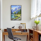 Landscape wall painting of mountain forest lakeside cabin under blue sky and white clouds natural oil painting poster suitable for living room bedroom office