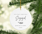 Andaz Press Personalized Wedding Engagement Round Ceramic Porcelain Christmas Ornament Engagement Keepsake Collectible Gift, Our First Christmas Engaged, Miriam & John 2024, Antique Handdrawn, 1-Pack