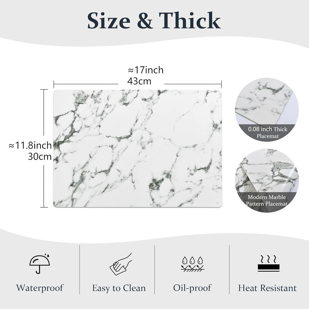FROMHEART Faux Leather Placemats Set of 6–Waterproof,Heat/Oil Stain-Resistant PU Table Mat–Reversible,Easy to Clean Place Mats for Kitchen,Dining,Indoor/Outdoor,(Marble,11.8" x 17")