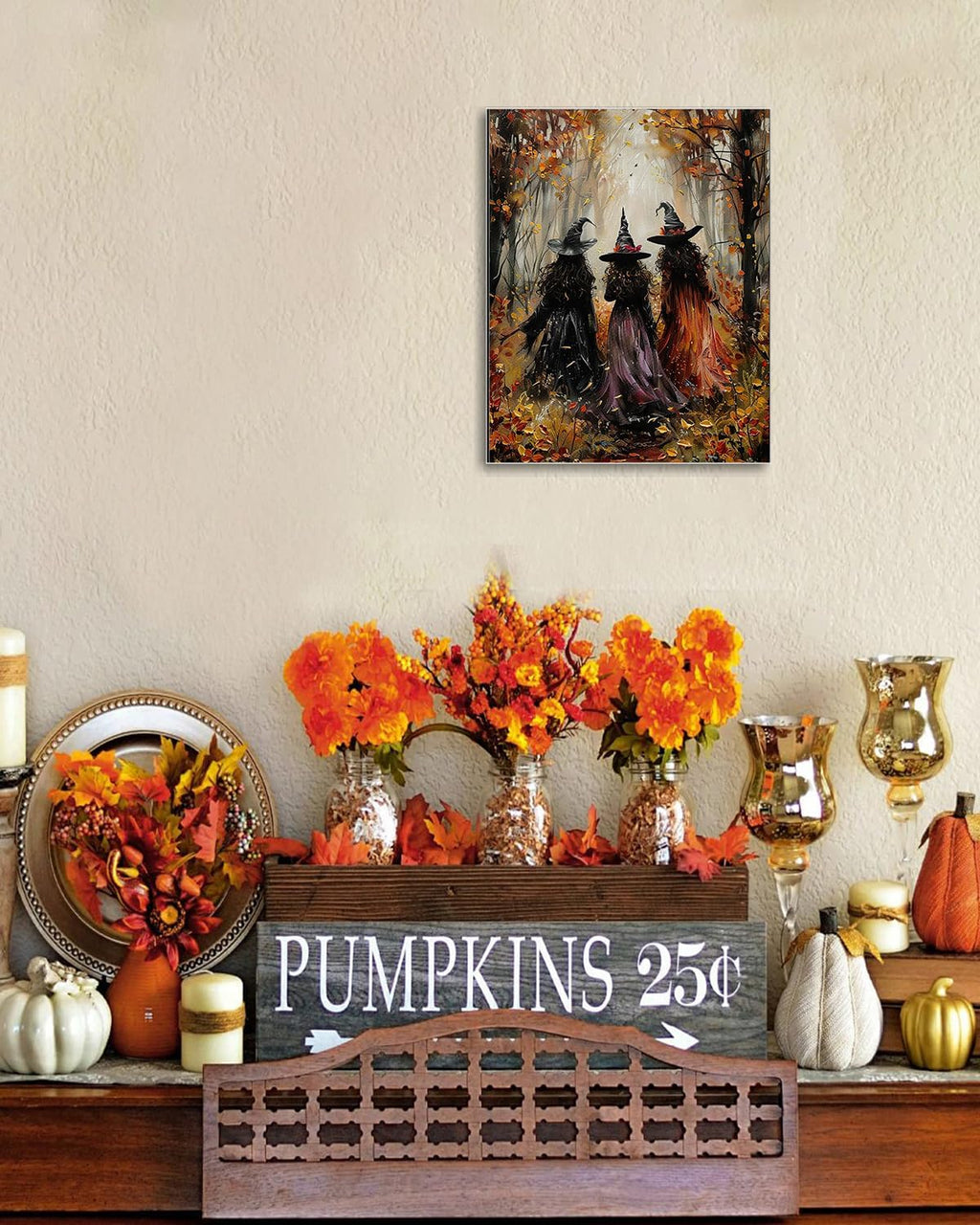 Halloween Canvas Wall Art, Vintage Three Witches Poster, Gothic Dark Academia Wall Decor, Spooky Halloween Decor for Living Room, Bedroom & Bathroom, Framed Fall Decorations Indoor
