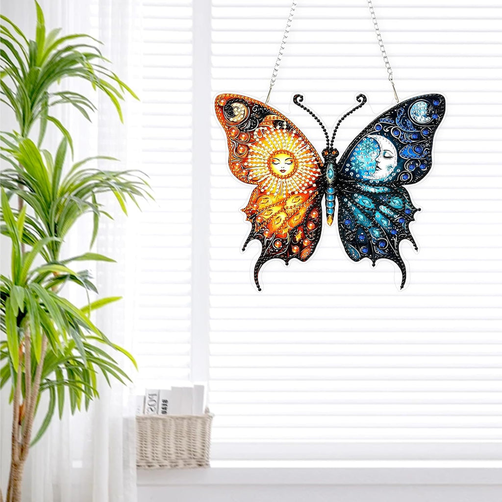 Lxmsja DIY Sun Moon Diamond Painting Hanging Ornament, Double-Sided Acrylic Butterfly Diamond Art Kit, Special Shaped Drill Pendant Window Art Kit, Suncatcher Hanging Craft Decoration 7x8 inch
