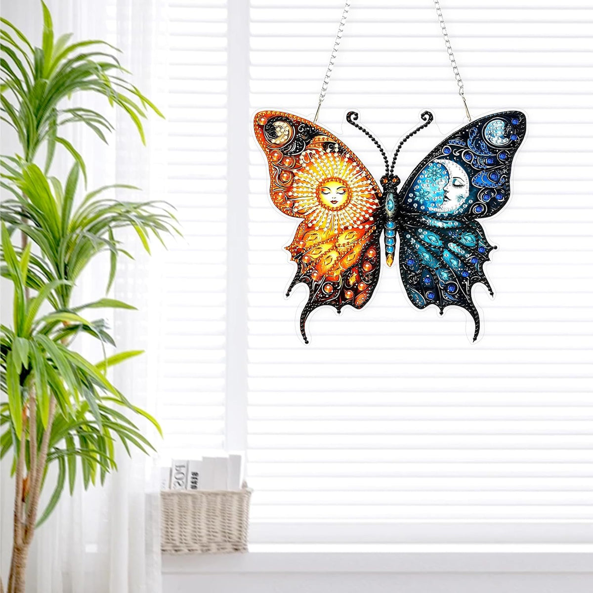 Lxmsja DIY Sun Moon Diamond Painting Hanging Ornament, Double-Sided Acrylic Butterfly Diamond Art Kit, Special Shaped Drill Pendant Window Art Kit, Suncatcher Hanging Craft Decoration 7x8 inch